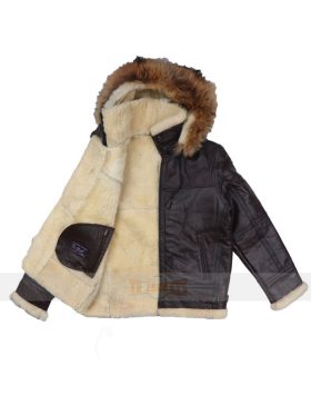 Men Dark Brown B3 Shearling Hooded Racoon Fur Jacket