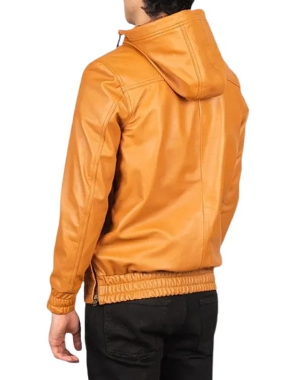 Tan Brown Hooded Leather Jacket
