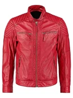 Mens Waxed Sheepskin Quilted Leather Biker Jacket Red