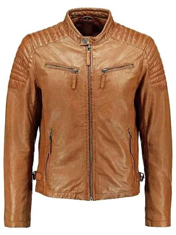 Men’s Quilted Tan Leather Biker Jacket