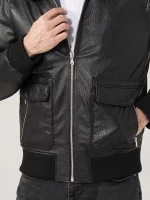 Mens Shirt Collar Black Bomber Leather Jacket