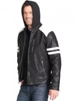 Mens Black Leather Motorcycle Jacket Hoodie