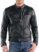 Mens Real Sheepskin Leather Cafe Racer Biker Jacket Black