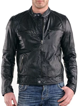 Mens Real Sheepskin Leather Cafe Racer Biker Jacket Black