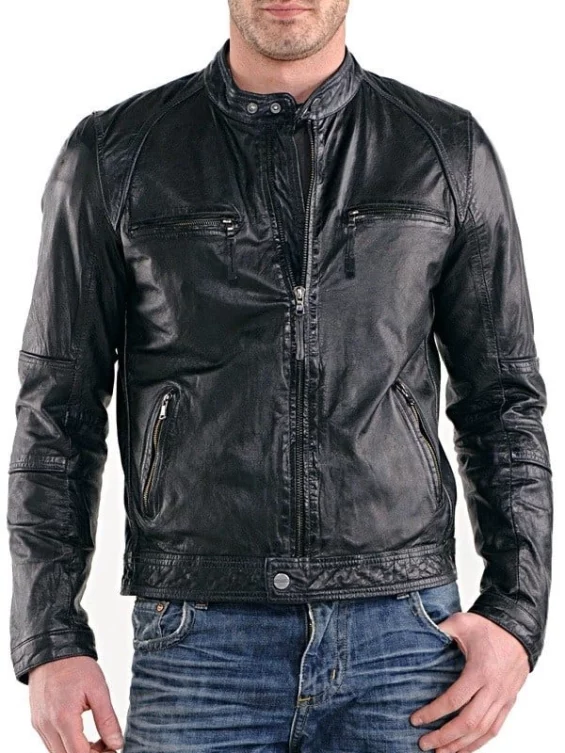 Mens Real Sheepskin Leather Cafe Racer Biker Jacket Black -Sale