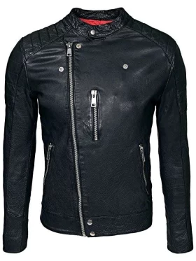 Mens Waxed Sheepskin Leather Cafe Racer Biker Jacket Black