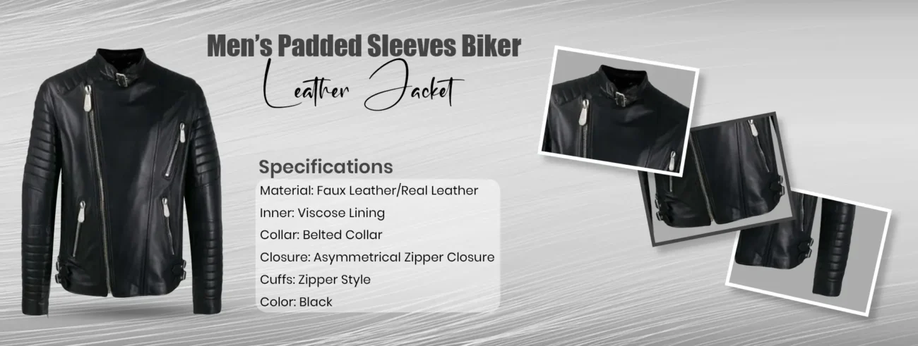 Men’s Padded Sleeves Biker Leather Jacket