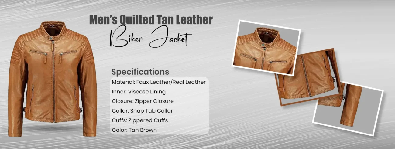 Men’s Quilted Tan Leather Biker Jacket