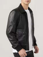 Mens Shirt Collar Black Bomber Leather Jacket