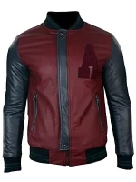 Mens Synthetic Leather Baseball Jacket Maroon