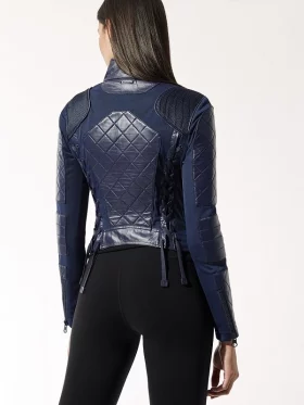 Womens Navy Blue Quilted Motor Biker Leather Jacket