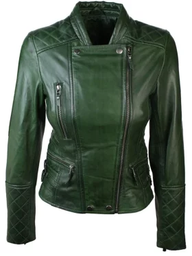 Womens Slim FIt Diamond Quilted Leather Biker Jacket Green