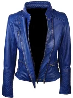 Womens Slim Fit Diamond Quilted Leather Biker Jacket Blue