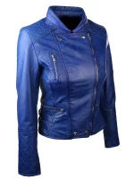 Womens Slim Fit Diamond Quilted Leather Biker Jacket Blue