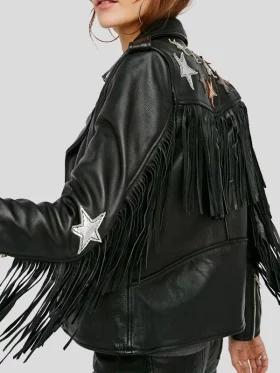 Womens Black Leather Fringe Jacket