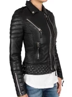 Womens Boda Style Quilted Leather Biker Jacket Black