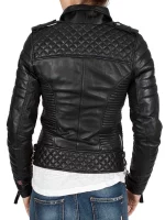 Womens Boda Style Quilted Leather Biker Jacket Black