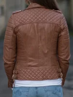 Womens Boda Style Quilted Leather Biker Jacket Brown