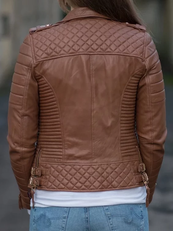 Womens Boda Style Quilted Leather Biker Jacket Brown