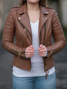 Womens Boda Style Quilted Leather Biker Jacket Brown