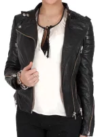 Womens Cafe Racer Leather Biker Jacket Black Cross Zipper