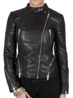 Womens Cafe Racer Leather Biker Jacket Black Cross Zipper