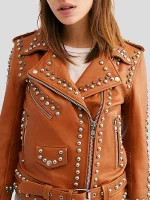 Womens Moto Biker Brown Studded Leather Jacket