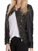 Womens Slim Fit Diamond Quilted Leather Biker Jacket Black