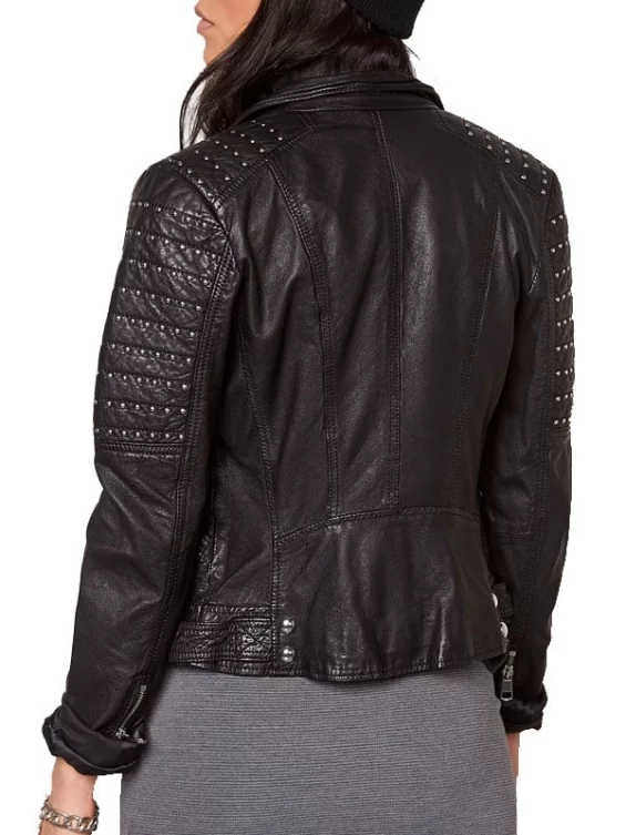 Womens Slim Fit Leather Motorcycle Jacket Black Studded