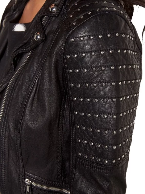 Womens Slim Fit Leather Motorcycle Jacket Black Studded