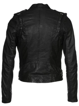 Womens Waxed Sheepskin Leather Biker Jacket Black