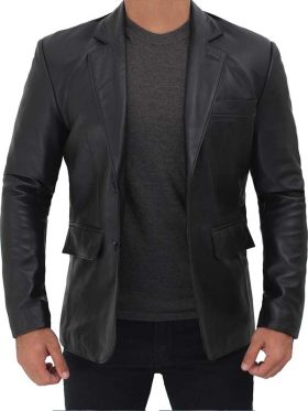 Mens Two Button Leather Black Blazer