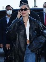 Hailey Bieber Oversized Leather Coat