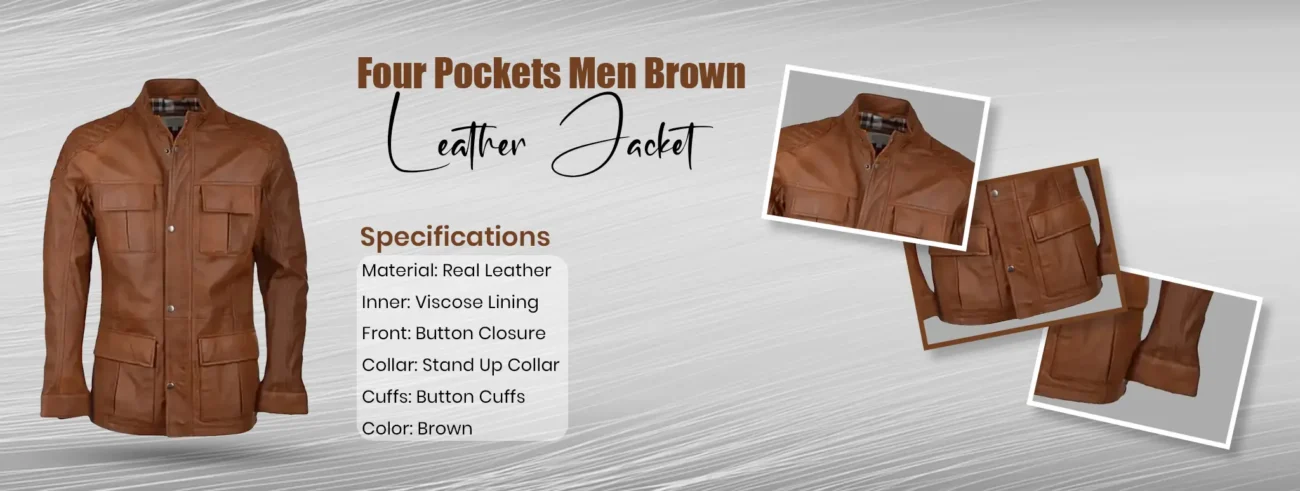 Four Pockets Men Brown Leather Jacket