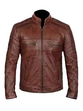 Mens Brown Distressed Leather Biker Jacket