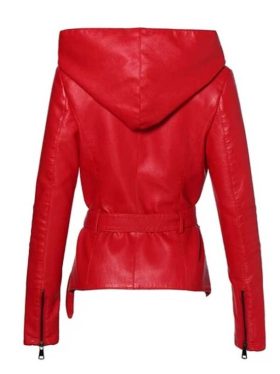 Women Red Hooded Leather Jacket