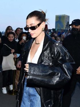 Hailey Bieber Oversized Leather Coat